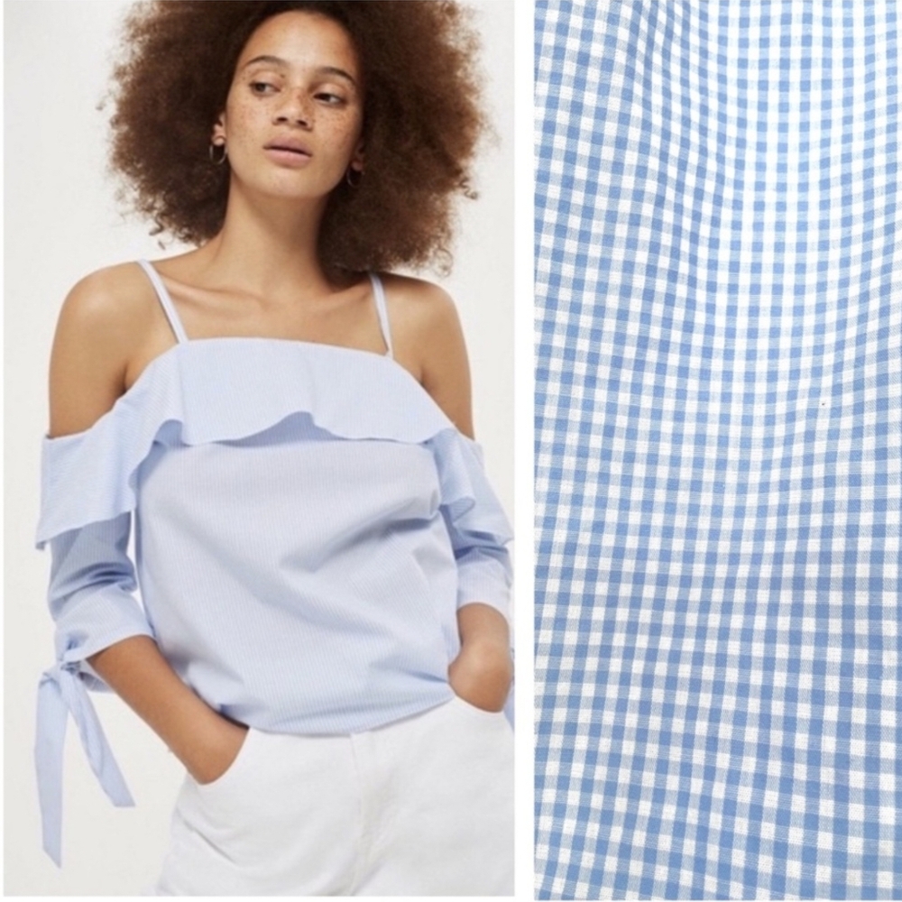 Topshop Blue and White Ruffled Tie Front Blouse